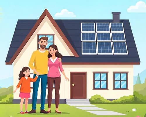 Happy Family Standing Outside Their New House With Solar Panels